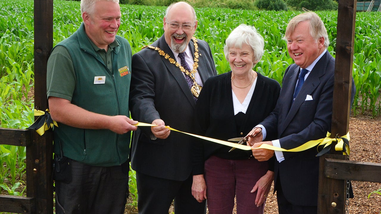 Tom Robinson, Director of the National Forest Adventure Farm; East Staffordshire Mayor Councillor David Leese,  Jeanette Robinson and 	    JCB Chairman Lord Bamford. 