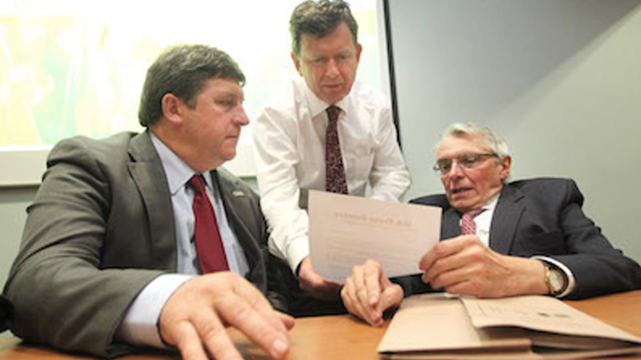 Acting IFA President Tim O'Leary with acting General Secretary Bryan Barry, and Economist Con Lucey at the IFA Executive Council Meeting at the farm Centre in Dublin.
