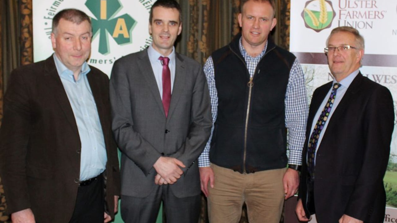 IFA president Joe Healy (2nd left) addressed a joint IFA:UFU meeting in Co Derry last night