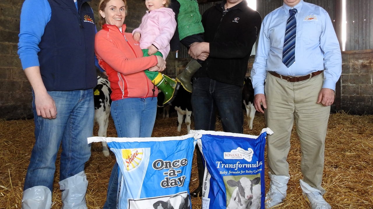 Paul Conroy of Conroy Agri Supplies, Nigel Worrell and Vanessa with children Chloe and Evan, with Joe Murphy of Bonanza Calf Nutrition
