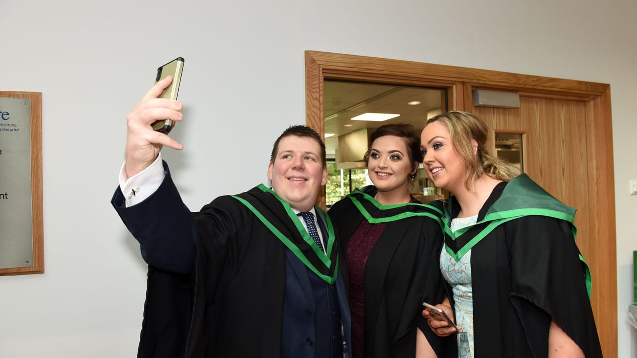 Former Drumglass High School pupils Jason Cairns, Jill Barrett and Lynsey Watt capture their delight at the CAFRE Awards Day