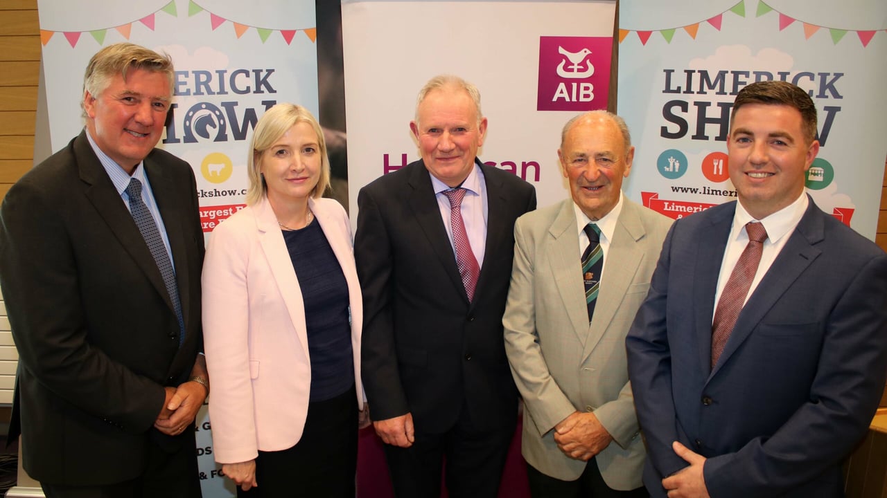 Limerick Show Launch at the AIB offices O' Connell St, L-R: Dermot Graham, AIB; Judy Tighe, AIB Manager, 106 O' Connell St; Richard Kennedy, Chairman, Limerick Show Committee; Paddy O' Callaghan; and Diarmuid Donnellan, Agri Advisor AIB. Image source: Michael Cowhey