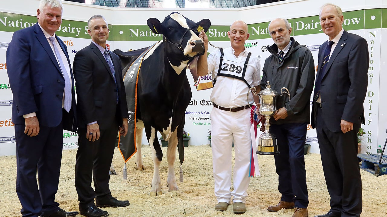 John Kirby, National Dairy Show director; Brian Carscadden, judge; Clonpaddin G Fame ET, owned by  John and Cyril Dowling; Stephen Cadogan, Irish Examiner, sponsor Supreme Championship; and Charles Gallagher, CEO, Irish Holstein Friesian Association. Image source: Maria Kelly