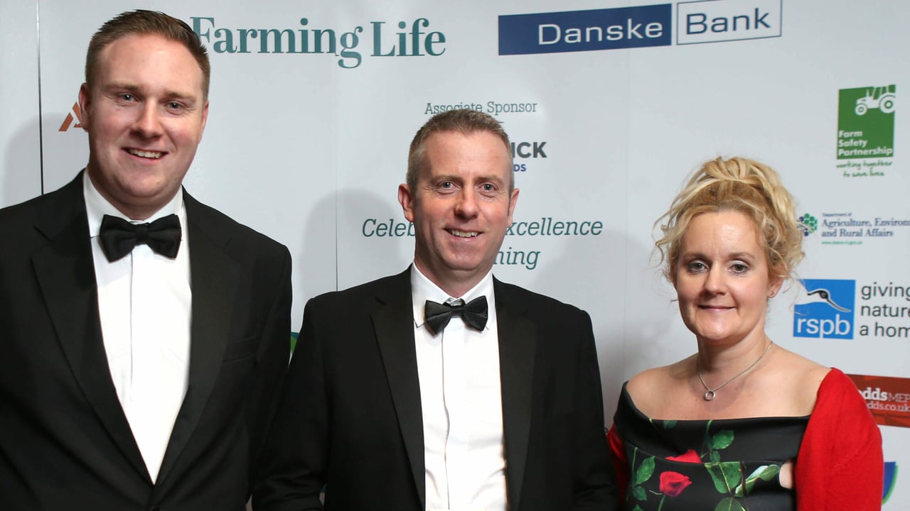 Philip Bell, Northern Ireland's Wildlife Friendly Farmer, with his wife Alex, and Sean Woods from RSPB NI at the Farming Life Danske Bank Awards.
Image source: McAuley Multimedia
