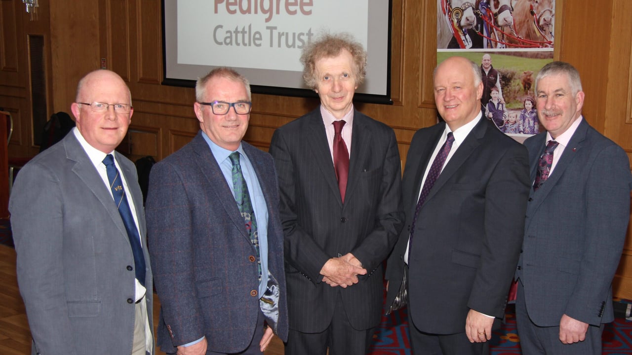 Speakers at the Pedigree Cattle Trust TB conference: Frazer Menzies, DAERA;  Dick Sibley; Brian Walker, Pedigree Cattle Trust; David Simpson MP; and Victor Chestnutt, UFU