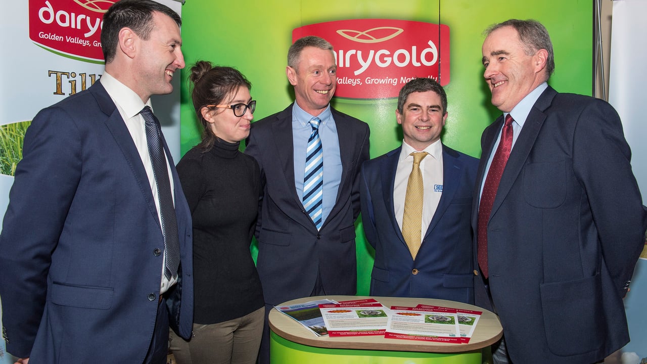Pictured at the Dairygold Tillage Conference at Corrin Mart, Fermoy, Co. Cork are speakers: Seamus O'Mahony, Head of Sales and Marketing, Dairygold; Dr. Louise McNamara, Teagasc Oak Park; Ciaran Collins, Teagasc Moorepark; Tim O'Donovan, Seedtech; and Niall Griffey, Dairygold. Image source: O'Gorman Photography