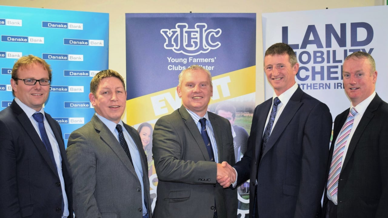 Danske Bank’s Mark Forsythe, senior agri manager, south; Rodney Brown, senior agri manager, west; YFCU and UFU land mobility manager John McCallister; Danske Bank’s Robert McCullough, head of agri-business and Seamus McCormick, senior agri manager, north