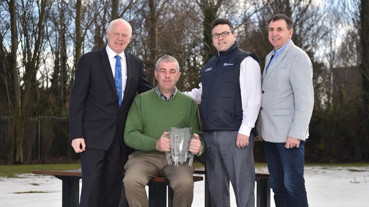 Ian O'Connell's father is pictured with Barney Rock, KN managing director Damien Gallagher and Liam Daniels