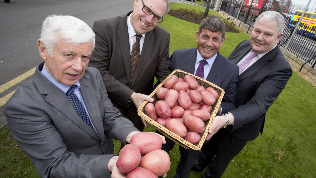 L-R: Liam Glennon, chairman, World Potato Congress Organising Committee; Romain Cools, president, World Potato Congress; Minister of State at the Department of Agriculture, Food and the Marine Andrew Doyle; and Michael Hoey, president of the Irish Potato Federation.
Image source: Colm Mahady, Fennell Photography
