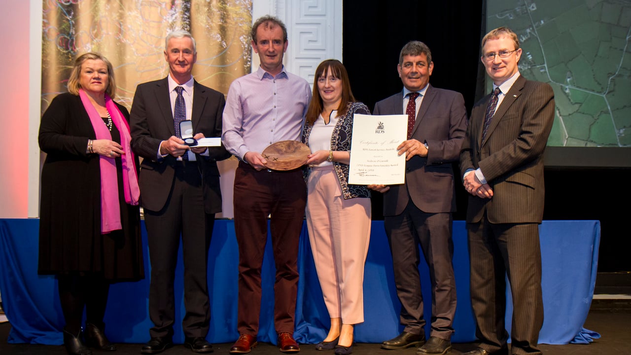 L-R: Bernie Brennan, RDS president; Mick Power, Coillte; Andrew O'Carroll, winner of the Teagasc Farm Forestry Award; Statia O'Carroll; Minister of State Andrew Doyle; Prof. Frank O'Mara, Teagasc