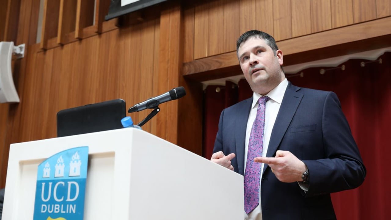 Dr. Michael Wallace speaking during a seminar on 'Brexit: Halfway there, implications for agriculture and food' at University College Dublin. Image source: UCD
