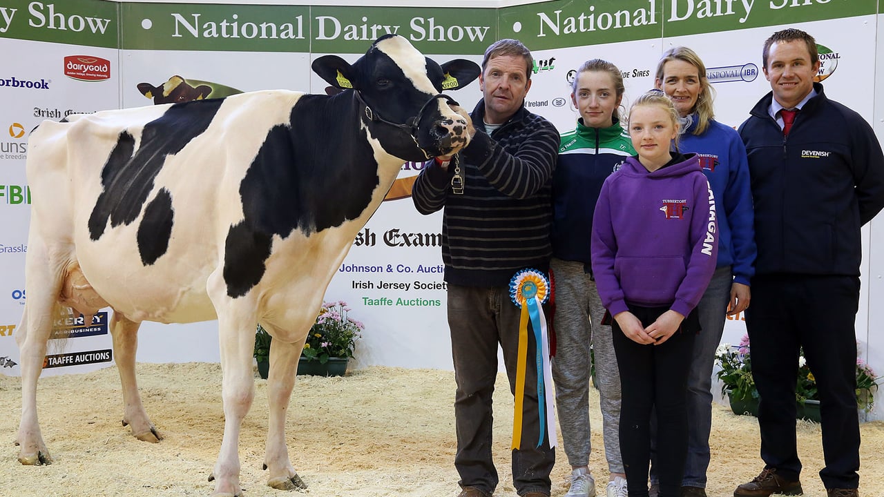 Paul and Marguerite, with daughters Thea and Ella, pictured at the National Dairy Show 2016 with Tubbertoby Sid Jen, one of their many award-winning pedigree registered Holstein Friesians