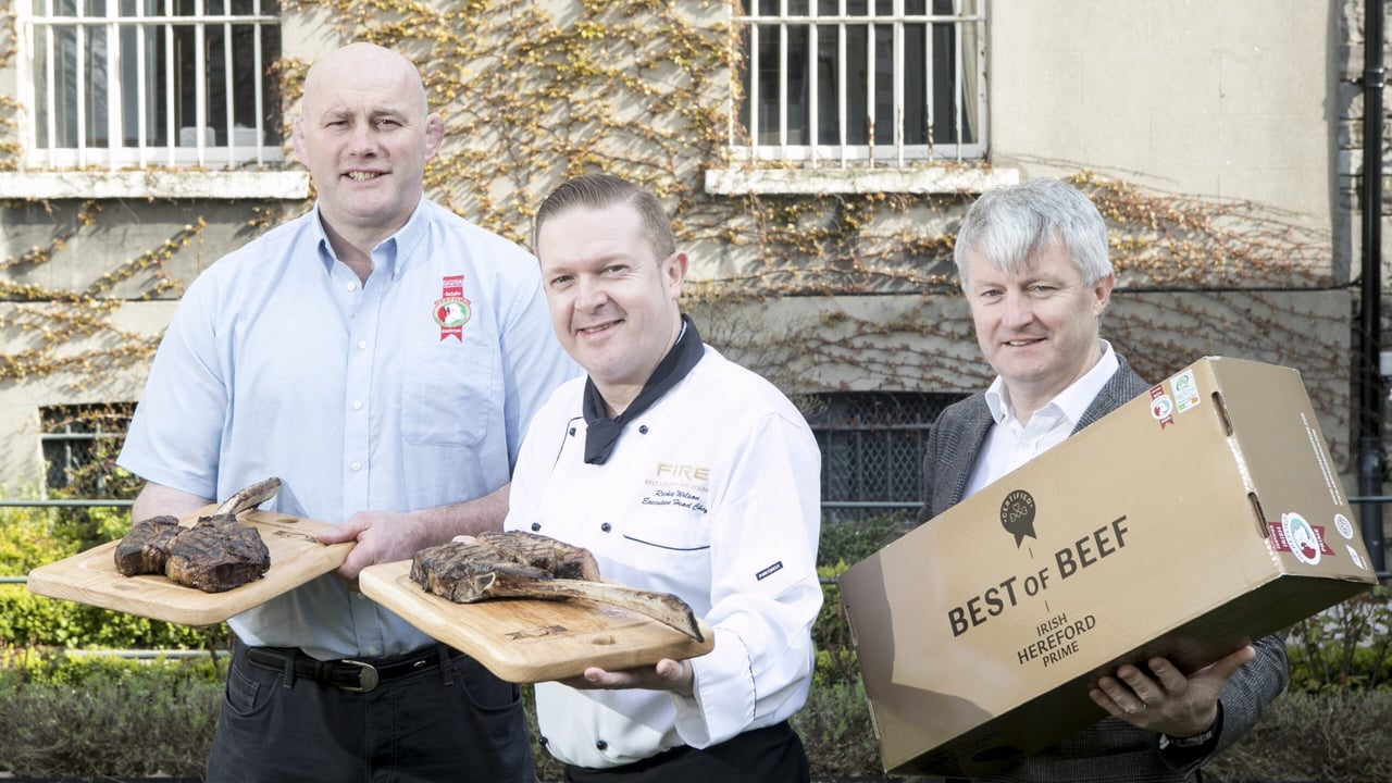 L-R: Former Irish rugby international John Hayes; 
Richie Wilson, executive chef, Fire; Eoin Ryan, sales and marketing manager, ABP. Image source: Iain White, Fennell Photography