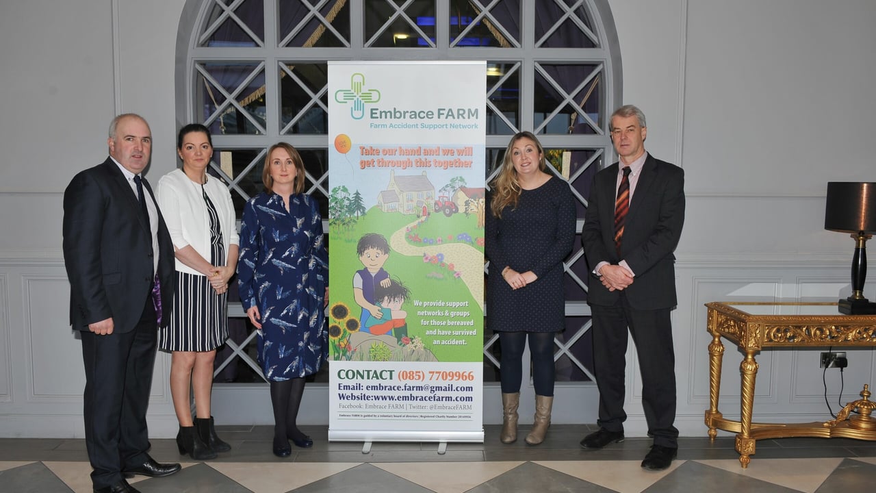L-R: Brian and Norma Rohan, founders of  Embrace FARM; Majella Philpott, Embrace FARM volunteer; Olivia Shiel, Chronic Pain Ireland; and Paul Maloney, AIB Bank, Portlaoise. Image source: Roger Jones