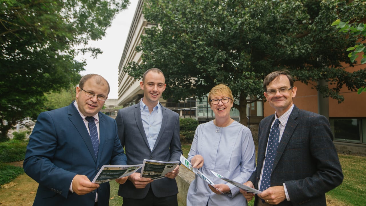 L-R: James Healy, Macra national president; 
Dr. Tomas Russell;
Dr. Monica Gorman;
Prof. Alexander Evans, UCD dean of Agriculture