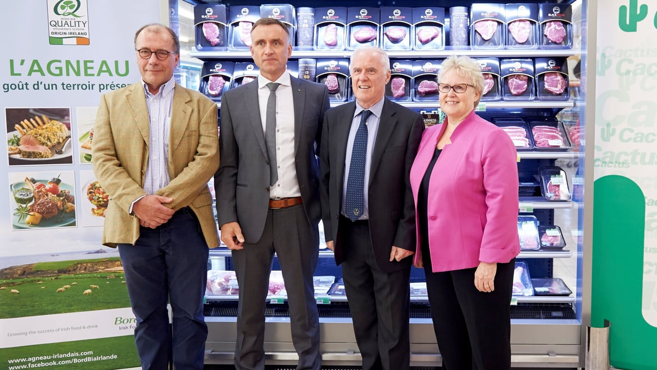 L-R: Alexandre Dupont, managing director of Lonhienne; Yannick De Mesmaeker, meat category manager for the Cactus Group Luxembourg; Peadar Carpenter, Irish Ambassador to Luxembourg; and Bernadette Byrne of Bord Bia's Paris Office