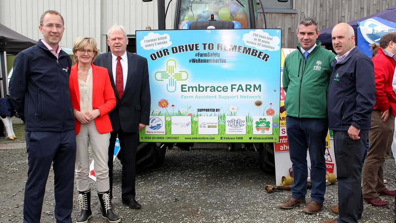 Pictured at Virginia Agricultural Show are Pat O’Keeffe, head of farmer relations at Glanbia;  Mairead McGuinness, MEP and Vice-President of the EU Parliament; Martin Keane, Glanbia group chairman; Conor McGovern, FBD group; and Brian Rohan of Embrace FARM. Image source: Adrian Donohoe