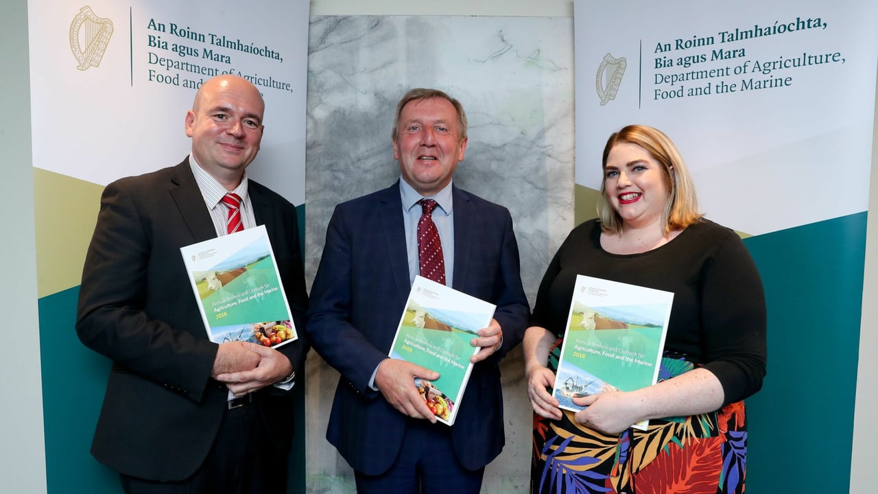 L-R: Chief economist for the Department of Agriculture Sean Bell; Minister Creed; and department staff member Grainne Roughan
