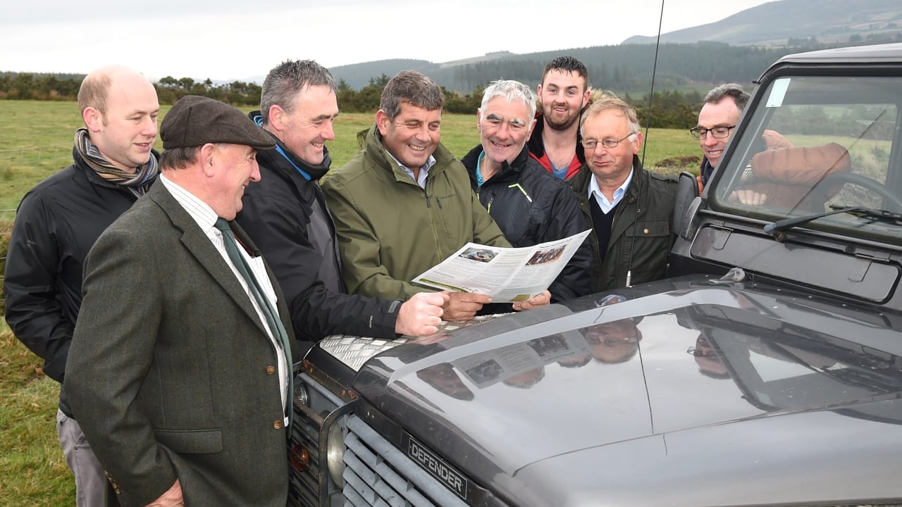Minister of State Andrew Doyle; Declan Byrne, project manager, SUAS; Pat Dunne, project leader, SUAS; Tom Byrne, chair, Wicklow Uplands Council; Brian Dunne, coordinator, Wicklow Uplands Council; and farmers Richard Turner, Peter Molloy and Brian Mulligan. Image source: Justin Farrelly