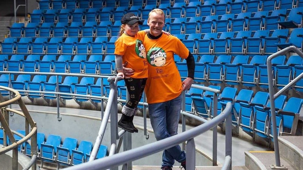 Georgina Hynes, the young farmer mascot for Volac in Ireland and the UK, with her dad, Peter Hynes