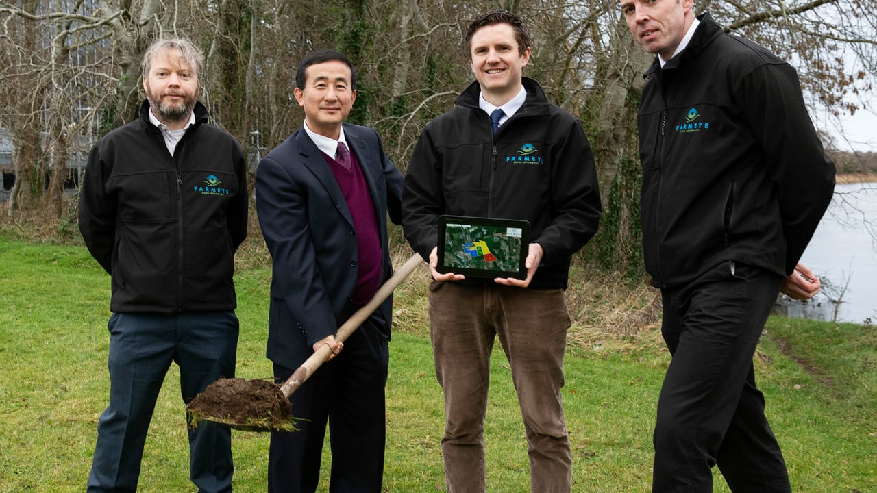 L-R: Joe Desbonnet, Farmeye co-founder;  Dr. Chaosheng Zhang, NUIG Geography Department; Dr. Eoghan Finneran, Farmeye CEO and co-founder; and Brendan Allen, Farmeye co-founder. Image Source: Andrew Downes