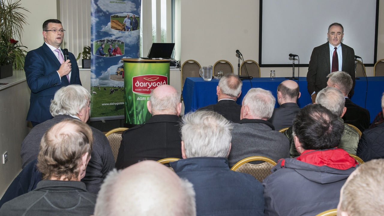 Liam O'Flaherty, Head of Dairygold Agribusiness addressing farmers at the Dairygold Tillage Conference on Supporting Sustainable Tillage in Corrin Events Centre, Fermoy, Co. Cork.  Photo: O'Gorman Photography