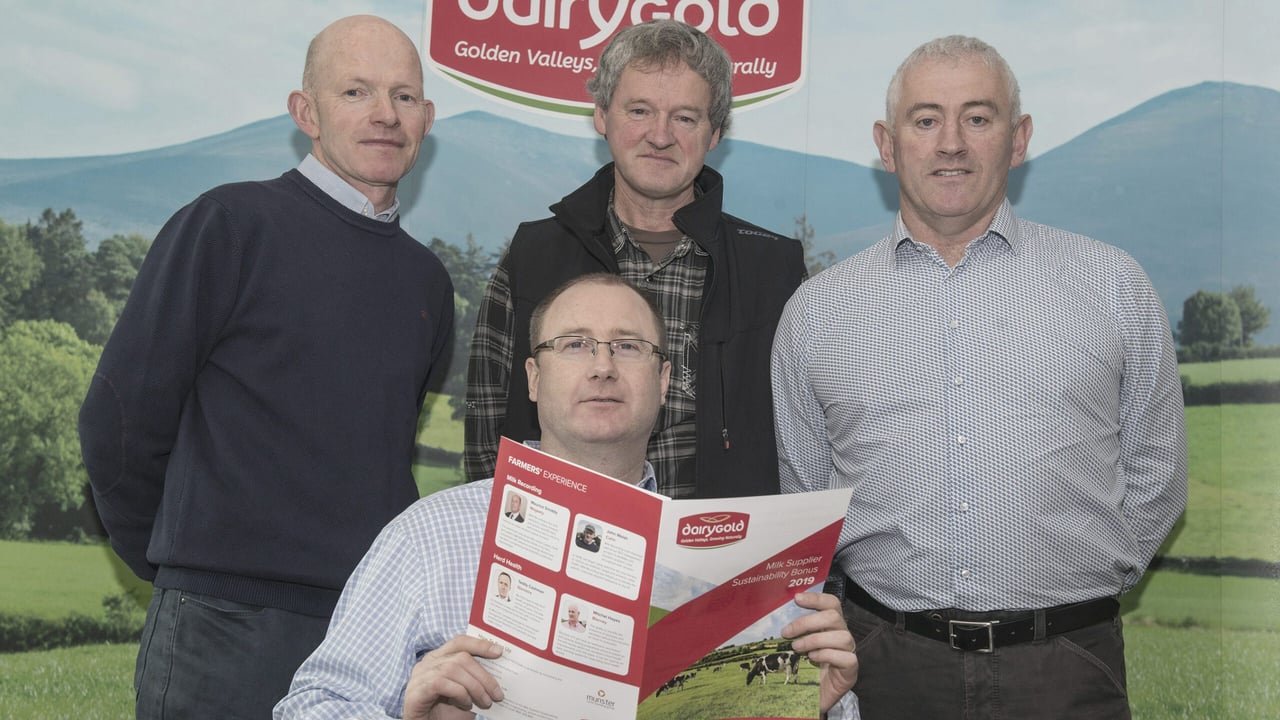 L-R: Dairygold speakers John Walsh, who discussed sustainability; Ned OBrien, who talked about Leanfarm; Michael Murphy, who discussed milk recording and herd health; and, in front, Kevin Downing, whose topic was milk quality. Image source: O'Gorman Photography