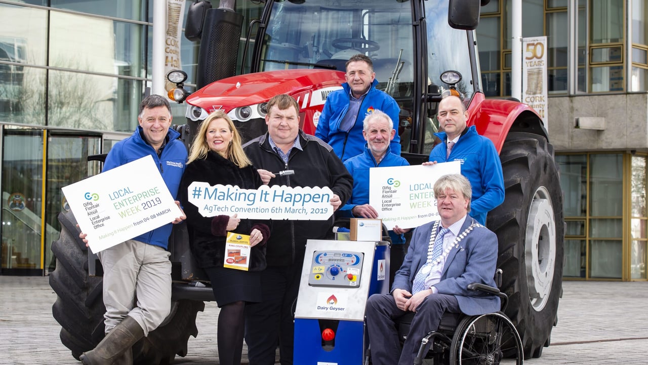 L-R: Sean O Sullivan, head of enterprise, LEO South Cork; Louise and James O'Mahony of Global Empire Hydraulic Connections; Martin Deady and Syl Lyster of Dairy Geyser; Kevin Curran, head of enterprise, LEO Cork North and West; and Cllr. Patrick Gerard Murphy, mayor of Co. Cork