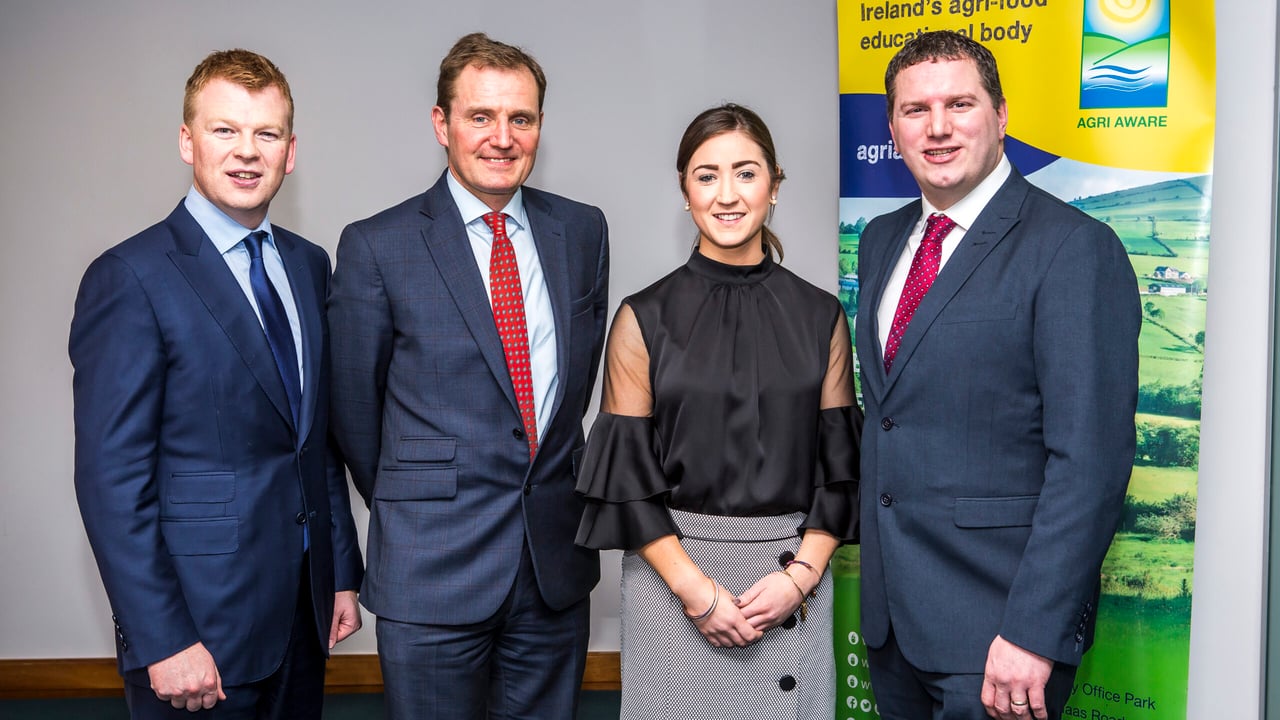 L-R: James Kelly, secretary, Agri Aware; Richard Moeran, outgoing chairman; Deirdre O’Shea, executive director, Agri Aware; and Alan Jajoe, incoming chairman of Agri Aware. Image source: Philip Doyle