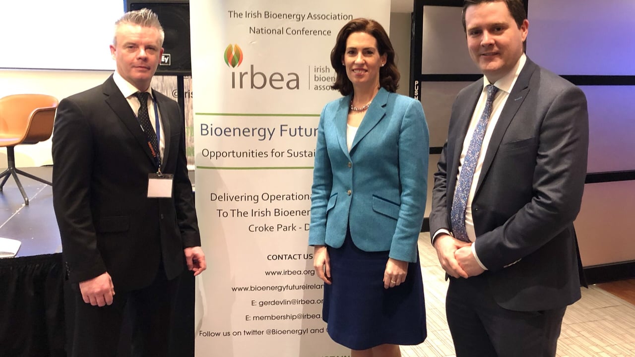 L-R: Des O’Toole, IrBEA president and Coillte business development manager; Hildegarde Naughton, chair of the joint Oireachtas Committee on Communication, Climate Action and Environment; and Sean Finan, CEO, IrBEA