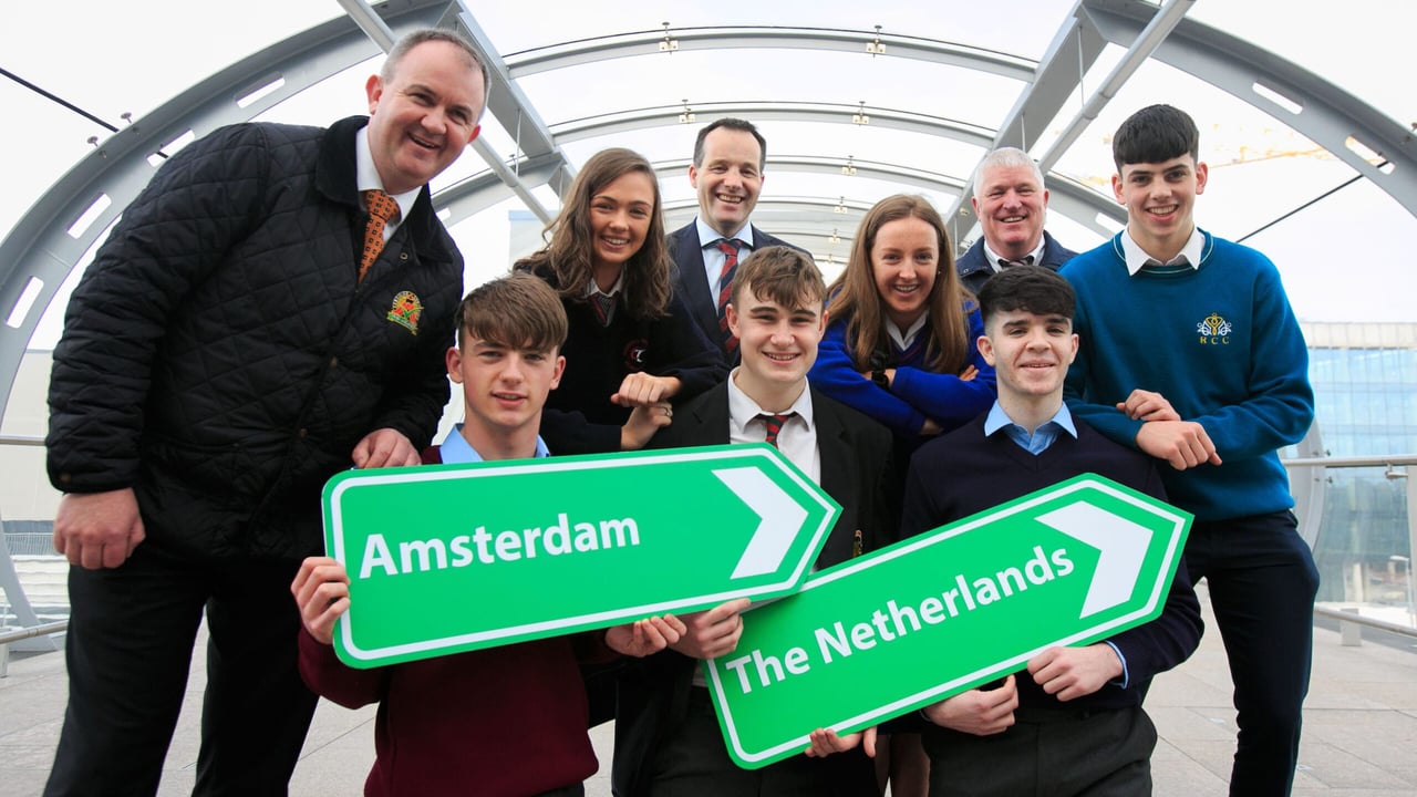 Some of the ag science students who traveled to the Netherlands for their study trip, with (left) Charles Smith of the Irish Angus Producer Group; (centre) Mick Dowd of Kepak; and (right) John Kelleher of ABP