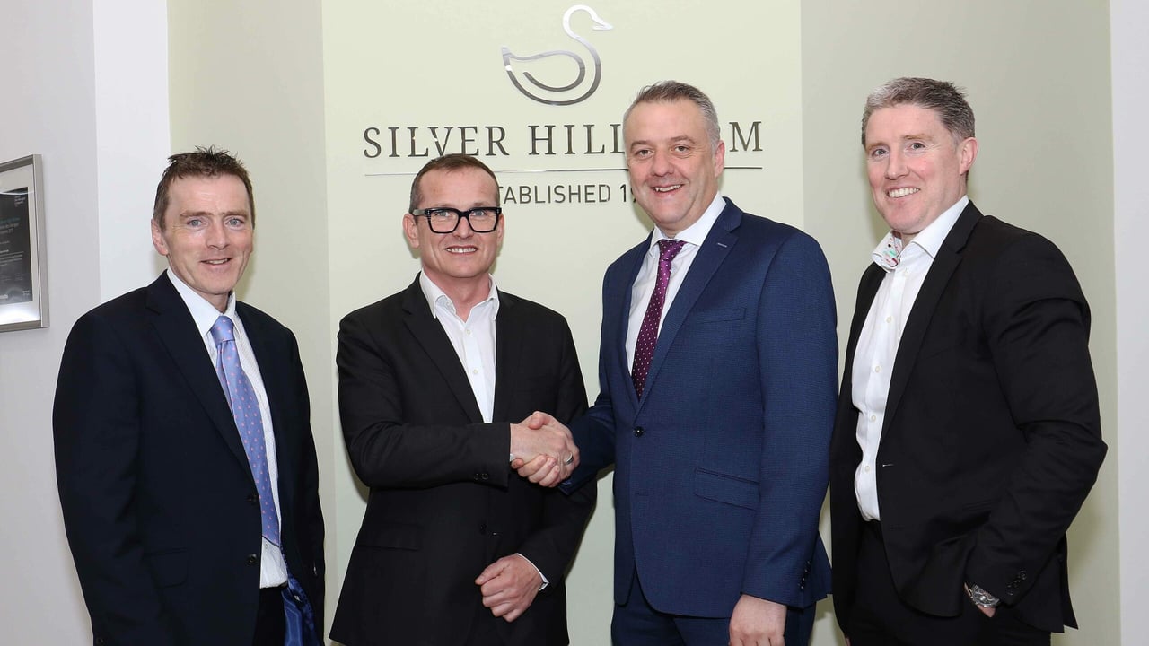 L-R: Sean McGreevy, Fane Valley Group finance officer; Stuart Steele, managing director, Silver Hill Farm; Trevor Lockhart, chief executive, Fane Valley Group; and Micheal Briody, CEO Silver Hill Farm. Image source: Peadar McMahon