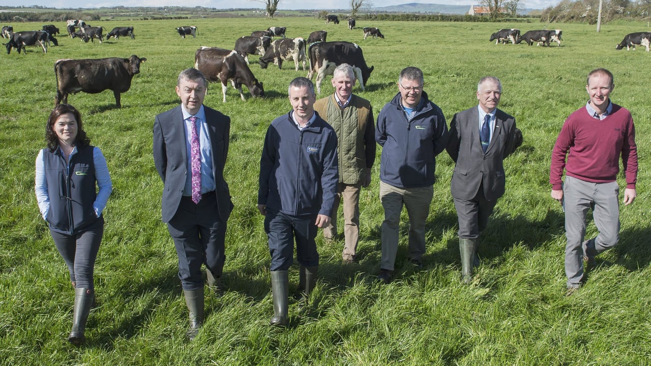 L-R: Nora O'Donovan, Teagasc Adviser; Pat Murphy, Kerry Agribusiness; Seán McCarthy, Kerry Agribusiness; host Eddie McCarthy; Ger Courtney, Programme Co-ordinator; Professor Gerry Boyle, Director Teagasc; host Pádraig McCarthy. Image source:  O'Gorman Photography