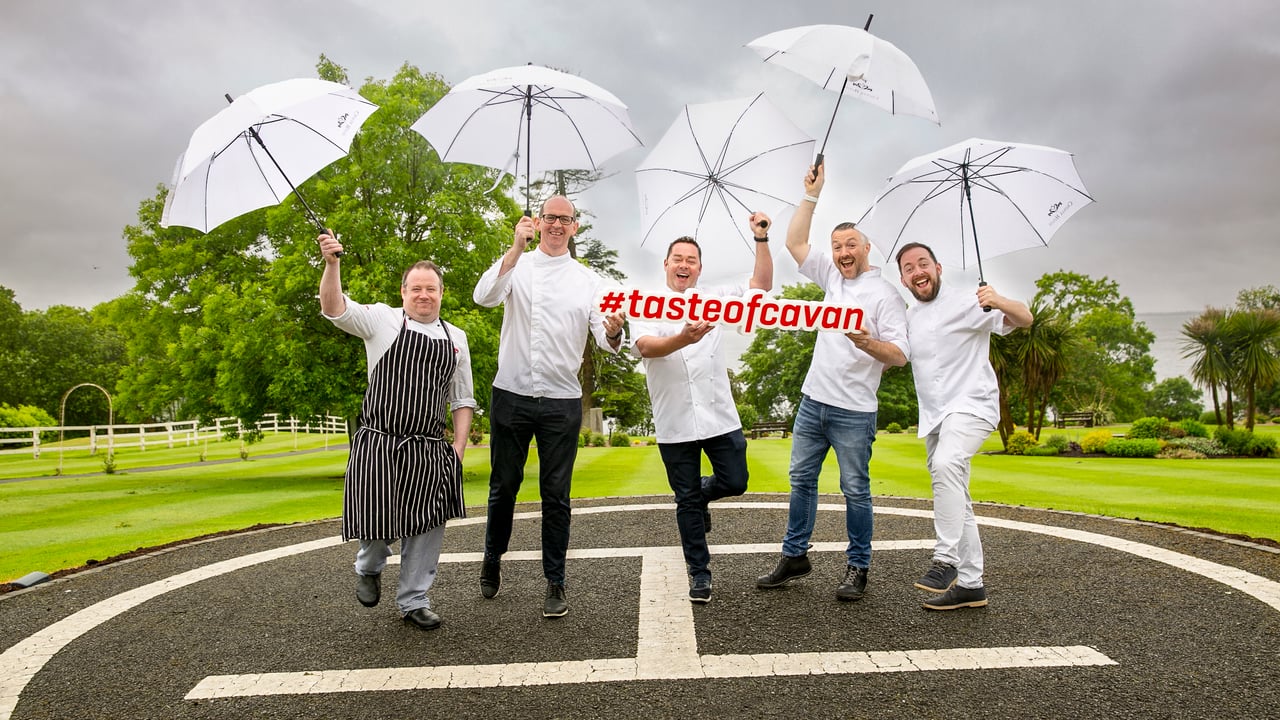 Pictured at the beautiful Crover House Hotel launching the 2019 Taste of Cavan are (L to R): Paul Crosby, Crover House Hotel; Brian McDermott, Foyle Hotel; Neven Maguire, MacNean House; Gearóid Lynch, Olde Post Inn; and Shane Smith, Airfield Estate. Image source: Sonja Smith.