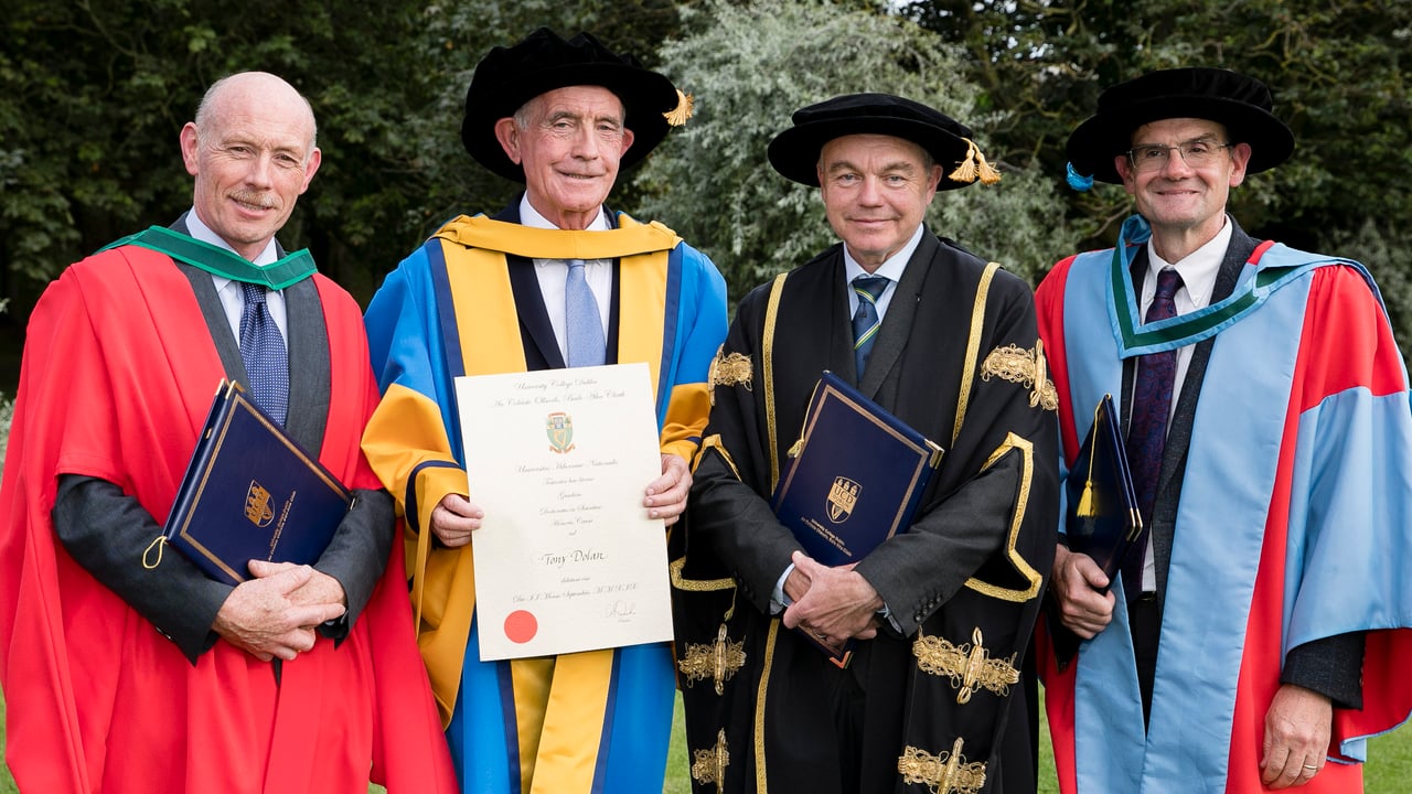 L-R: Prof. James Kinsella, School of Agriculture and Food Science, UCD; Br. Tony Dolan; Professor Andrew J Deeks, president, UCD; Prof. Alex Evans, Dean of Agriculture and Head of School of Agriculture and Food Science, UCD.  Image source: Chris Bellew, Fennell Photography 