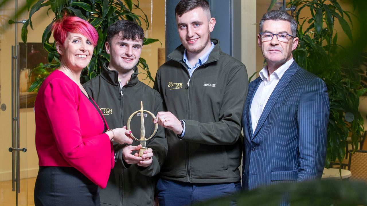 Limerick brothers Nick and Jack Cotter with: Shirley McDonald, associate director of membership at Engineers Ireland; and Gary O’Callaghan, CEO of Engineers Ireland. Image source: Peter Houlihan, SON Photo