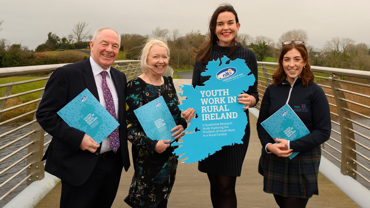 L-R: Minister Michael Ring; Mary Cunningham, director of the National Youth Council of Ireland; Marie-Claire McAleer, head of research and policy at the NYCI; and  Orlaith Gilmartin, chairperson Comhairle na nOg Maigh Eo.. Image source: Michael McLaughlin