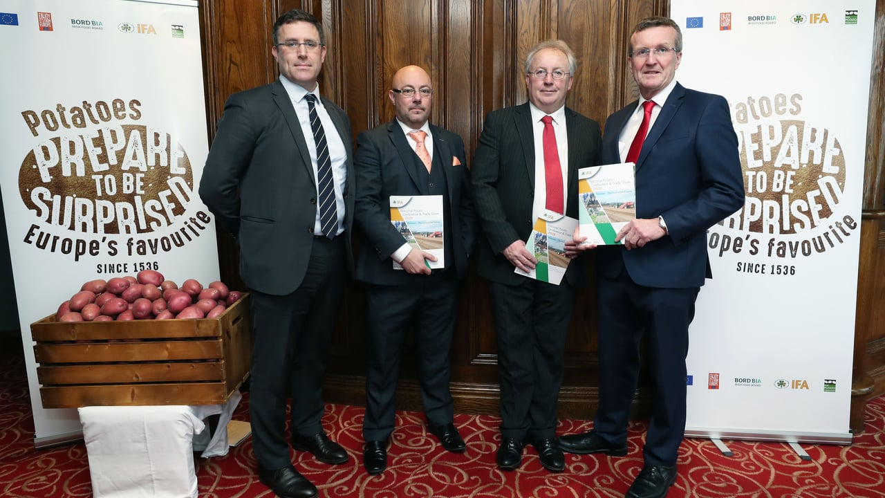 Pictured at the National Potato Conference were Barry Delaney, Department of Agriculture; John Spink, head of The Crops, Environment and Land-Use Programme at Teagasc; Lorcan Bourke, Potato sector manager Bórd Bia; and IFA President Tim Cullinan. 
Image source: Finbarr O'Rourke