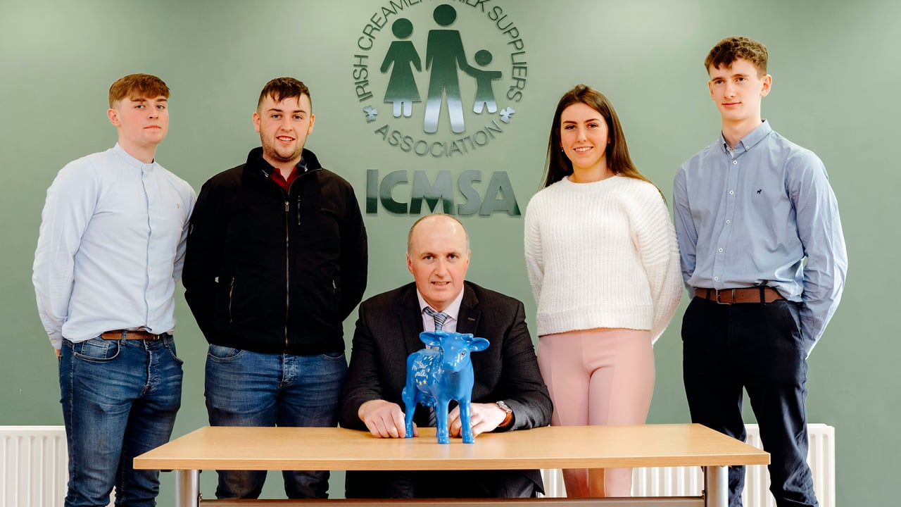 Sean Fitzpatrick, Mullinavat, Co. Kilkenny; Conor Michael O’Sullivan, Donoghmore, Co. Cork; Pat McCormack, president, ICMSA; Mairead Brosnan, Lixnaw, Co. Kerry; and Mark McCoy, Smithborough, Co. Monaghan. 
Image source: Don Moloney