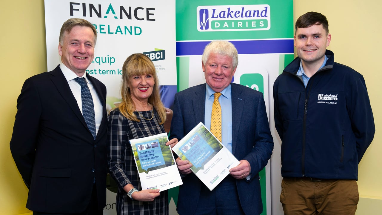 L-R: Conor Boyle, general manager, Finance Ireland; Maud Conroy Kane, general manager, Finance Ireland Leasing; Alo Duffy, chairman, Lakeland Dairies; Eamon Duignan, member relations manager, Lakeland Dairies