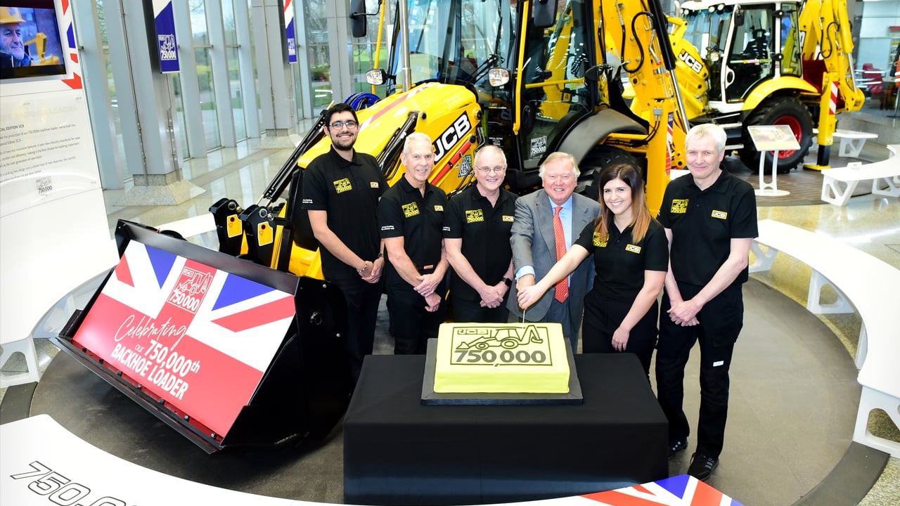 L-R: Nihal Dhillon; Phil Starbuck; John Plant; JCB chairman Lord Bamford; Shannon Ramczykowski; and Keith Bloor