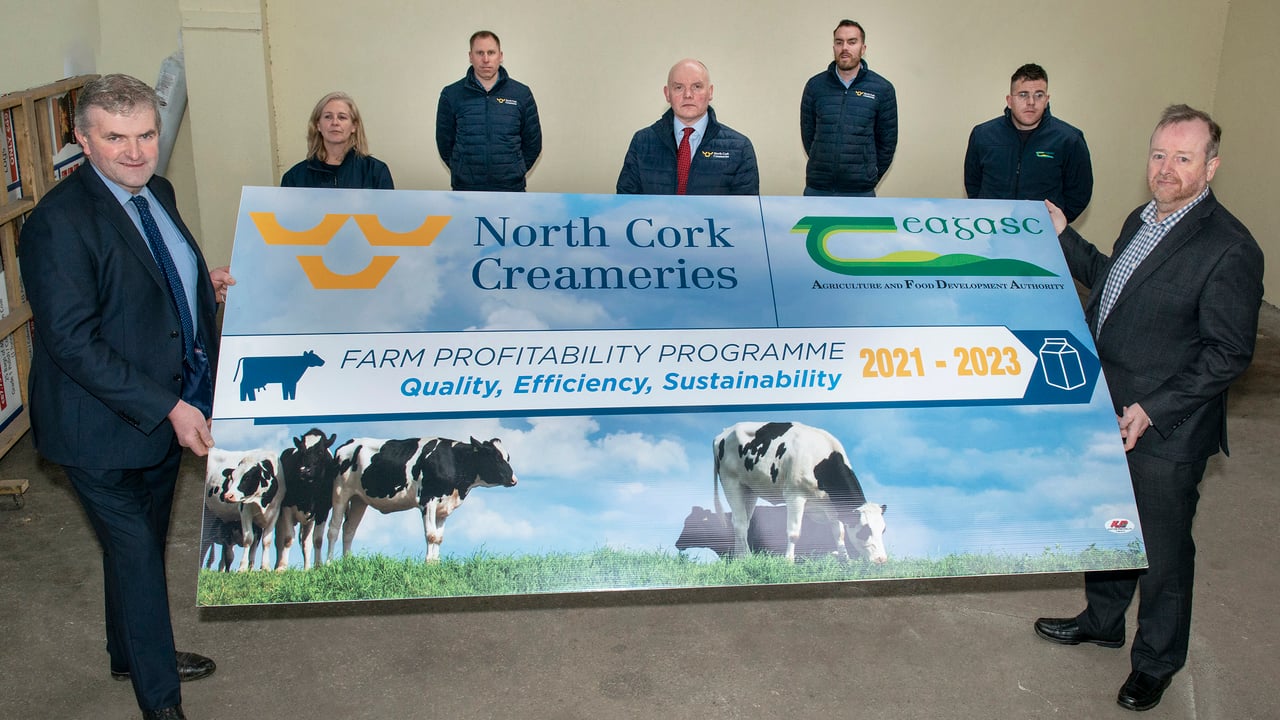 L-R: Jerry Doody, chairman, North Cork Creameries; Noreen O’Rahilly, Teagasc Kanturk; Jamie Curtin, agri manager, NCC;  Pat Sheahan, CEO NCC: Darren Deasy, agri advisor, NCC; Neily O’Sullivan, Teagasc Kanturk; and John Horgan, Teagasc Cork East regional manager. Image source: O’Gorman Photography