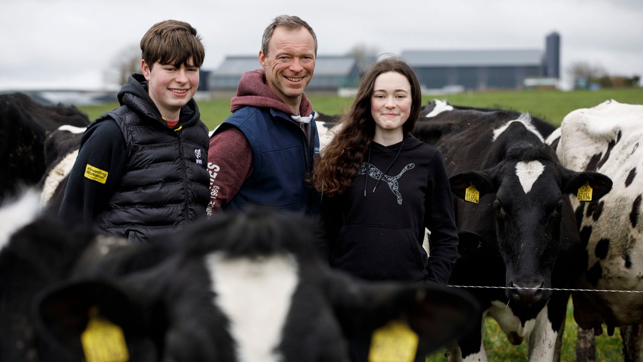 Ciaran Carey, Fourhane, Listowel, Co. Kerry on the home farm with his children Vincent and Róisín.