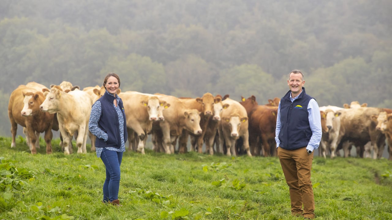 Gill Higgins, group head of sustainability, Dawn Meats, and Niall Browne, CEO, Dawn Meats, at Power’s Farm in Co. Waterford at the launch of Dawn Meats’ sustainability report. Image: Brownes Photography