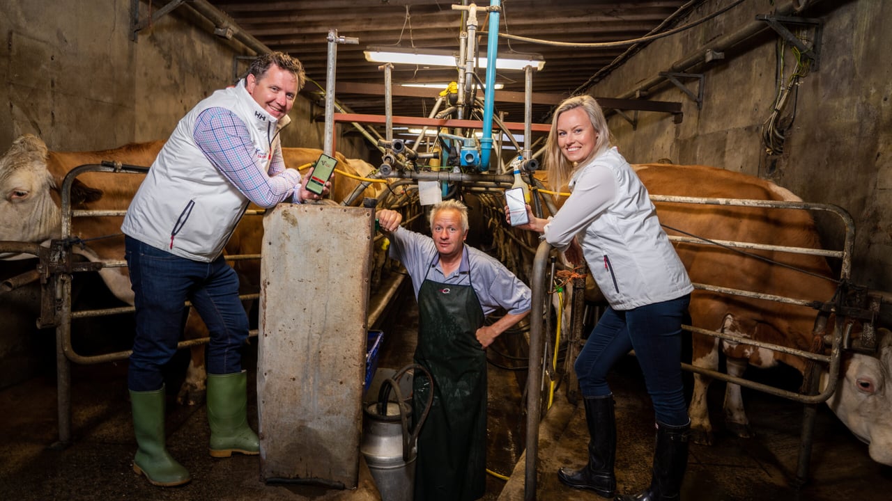 Diarmaíd Mac Colgáin and Jacqueline Fitzgerald with their app pictured with farmer Gerald McMyler on his farm in Taghadoe, Co. Kildare