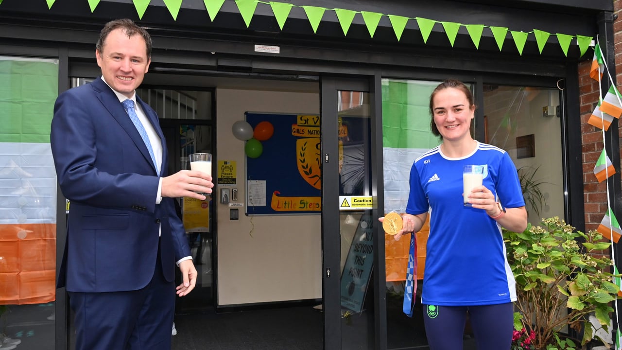 Minister for Agriculture, Food and the Marine, Charlie McConalogue and Olympic Champion, Kellie Harrington. Image: Michael Chester 