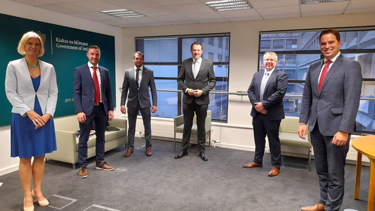 L to R: Minister of State Pippa Hackett; Shane Fitzgerald, chairman Macra Ag Affairs Committee; John Keane, Macra president; Minister Charlie McConaloge;  Denis Duggan, chief executive Macra na Feirme; and Minister of State Martin Heydon