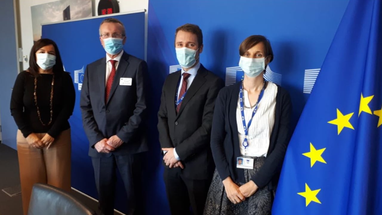 L-r: Begona Fernandez-Fernandez DG Trade; Tim Cullinan IFA president; Kevin Keary cabinet executive vice president Valdis Dombrovskis; and Katalin Fritz DG Trade