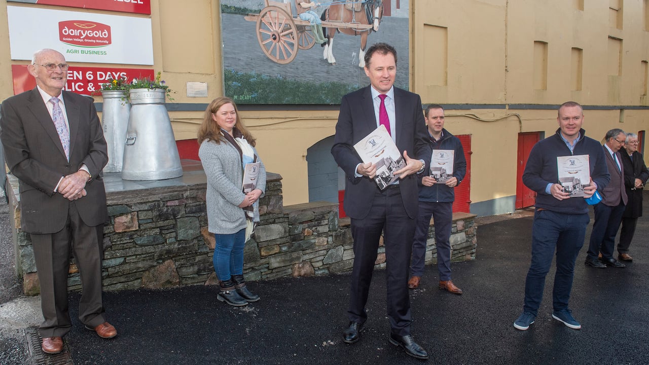 Minister for Agriculture, Food and the Marine Charlie McConalogue  at the book presentation with Donie O’Sullivan, historian and author; Catriona Murphy, secretary, Lombardstown Community Council; Paul Crowley, treasurer, Lombardstown Community Council and Killian Costelloe, chairperson Lombardstown Community Council. Image source: O’Gorman Photography