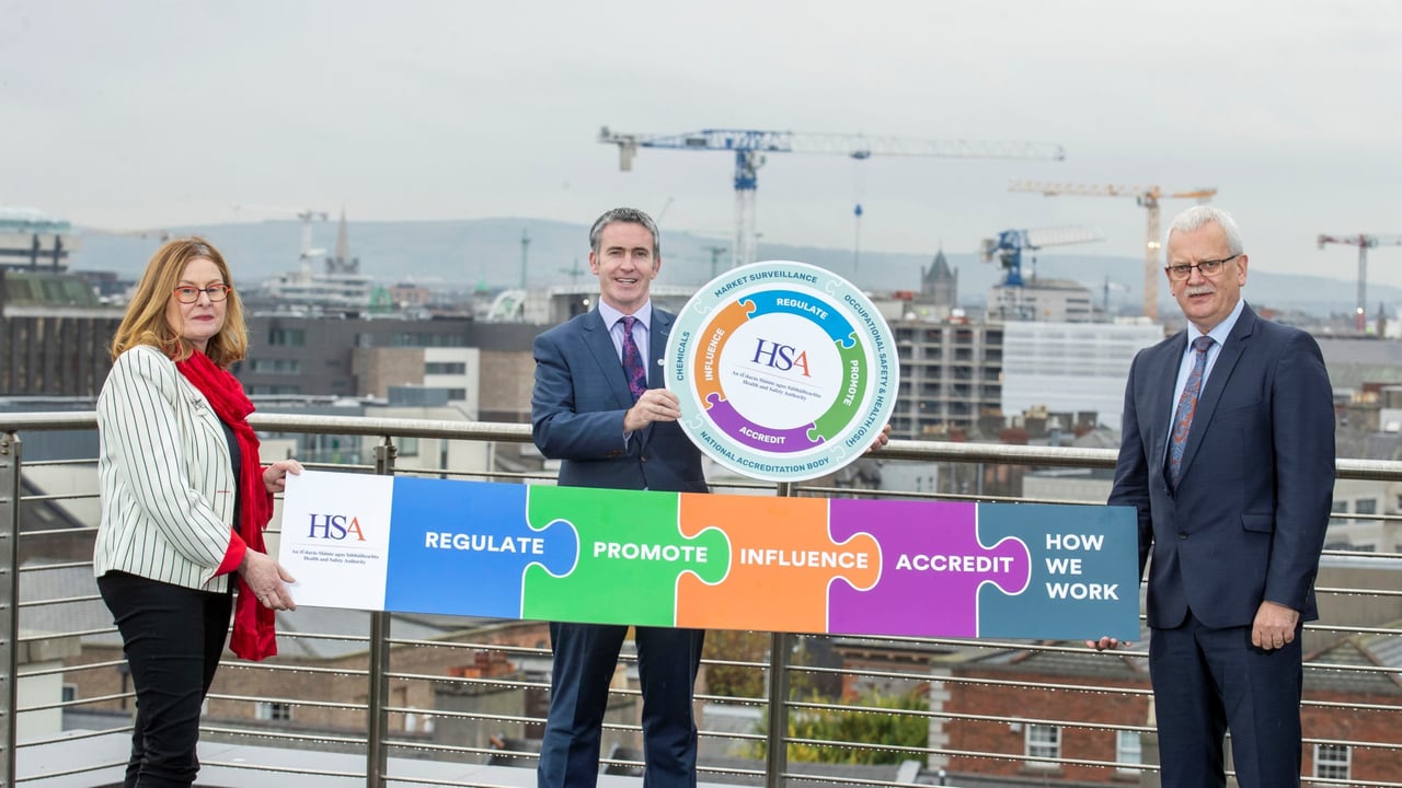 Pictured at the launch: HSA CEO Sharon McGuinness; Minister Damien English; and HSA chair, Tom Coughlan                                                           